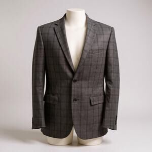 Jos A Bank Sport Coat Sz 42 Long Gray Windowpane Wool Silk Linen Single Breasted